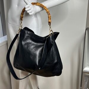 Gucci Black Leather Curved Bamboo Handle Leather Strap Crossbody Bag